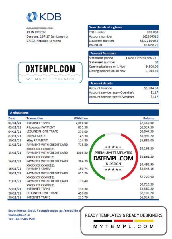 South Korea KDB bank proof of address statement template in Word and PDF format