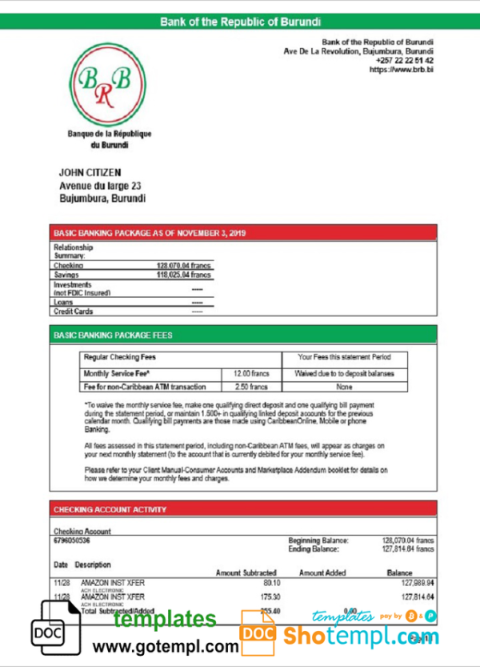 Burundi Bank of the Republic of Burundi proof of address bank statement template in Word and PDF format