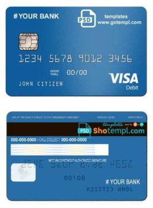 bright blue universal multipurpose bank card template in PSD format, fully editable