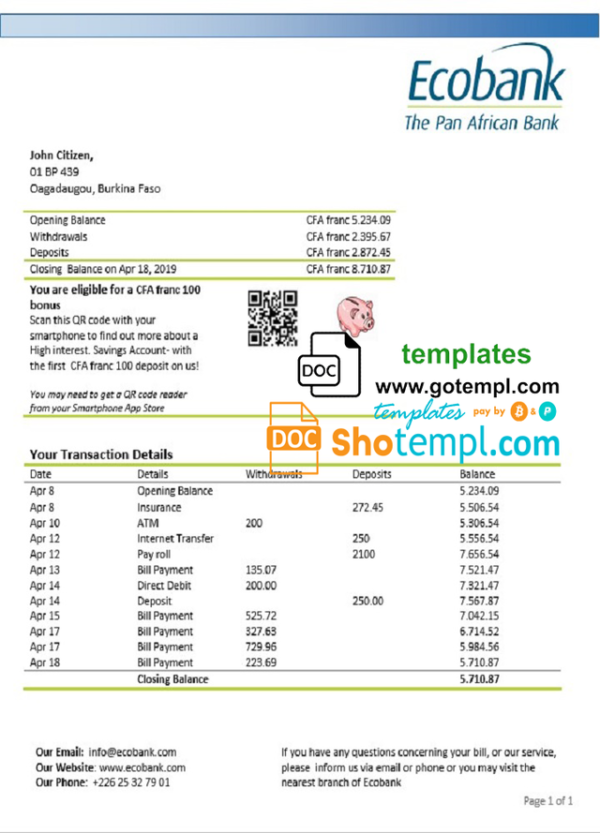 Burkina Faso Ecobank proof of address bank statement template in Word and PDF format (.doc and .pdf)