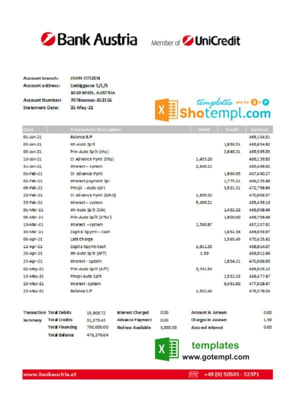 Austria Bank Austria bank statement easy to fill template in Excel and PDF format