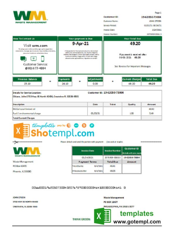 USA Waste Management bank statement template in Excel and PDF format