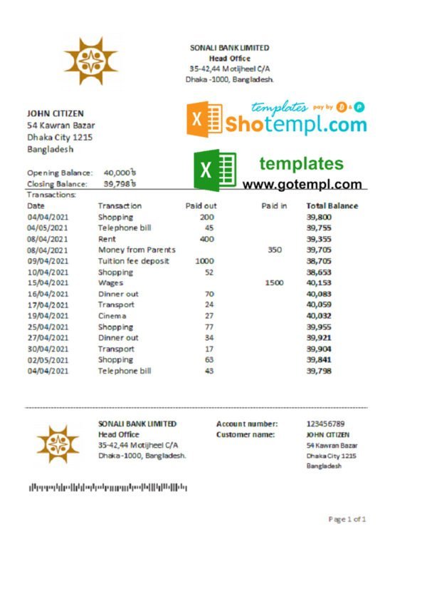 Bangladesh Sonali bank statement easy to fill template in Excel and PDF format