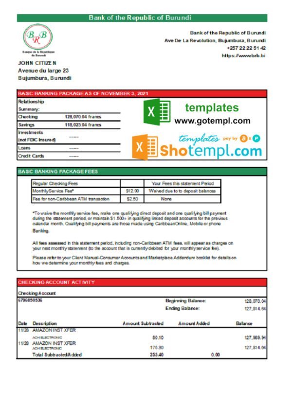 Burundi Bank of the Republic of Burundi bank statement template in Excel and PDF format