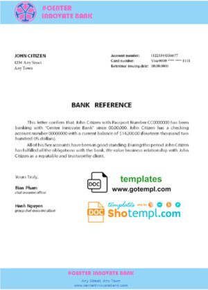 center innovate bank universal multipurpose bank account reference template in Word and PDF format
