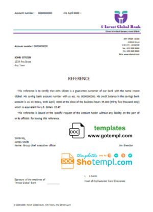 # invest global bank universal multipurpose bank account reference template in Word and PDF format