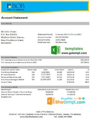 Bahamas Bank of the Bahamas bank statement easy to fill template in .xls and .pdf file format
