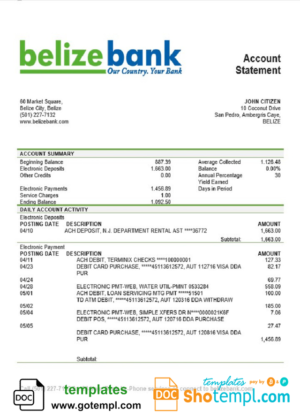 Belize Belizebank proof of address bank statement template in Word and PDF format