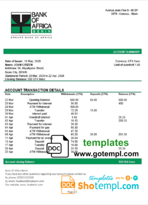 Benin Bank of Africa bank statement template in Word and PDF format