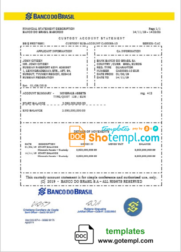 Brazil Banco do Brasil bank statement template in Word and PDF format