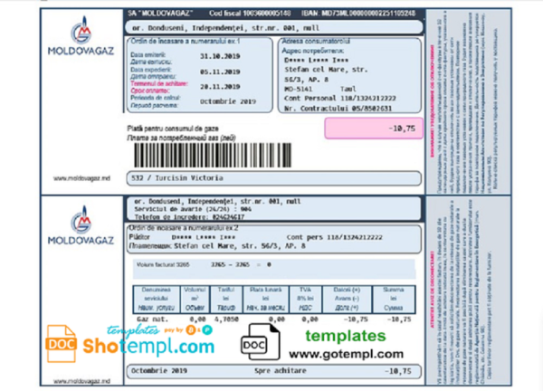 Moldova Moldovagaz utility bill template in Word and PDF format