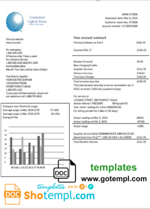 USA Connecticut Light & Power electricity utility bill in Word and PDF format
