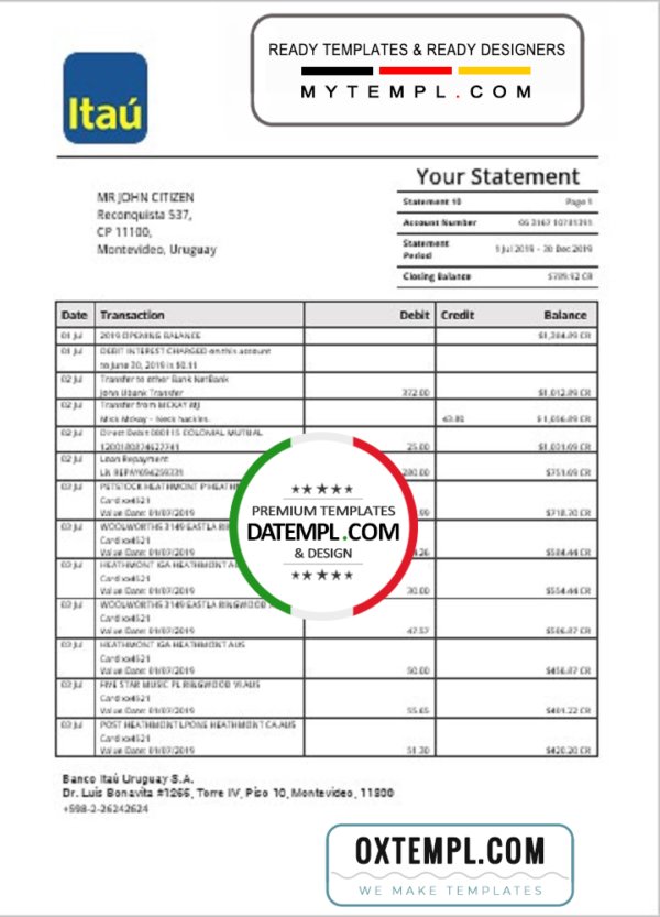 Uruguay Itau bank statement template in Word and PDF format