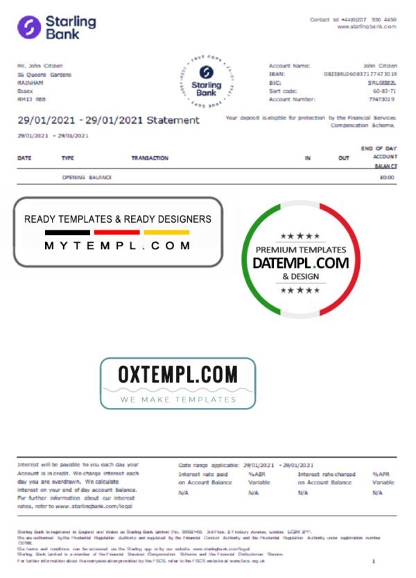 United Kingdom Starling bank statement template in Word and PDF format, good for address prove