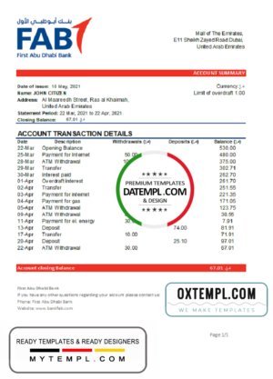 UAE First Abu Dhabi Bank statement easy to fill template in .xls and .pdf file format