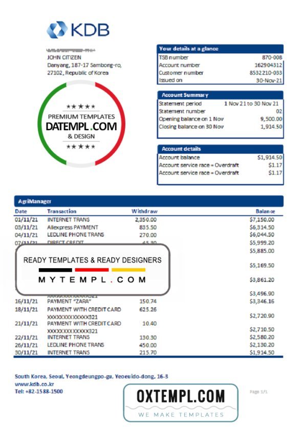 South Korea KDB bank statement easy to fill template in Excel and PDF format