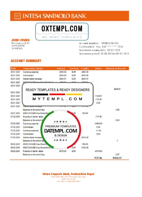 Slovenia Intesa Sanpaolo Bank, Poslovalnica Koper bank statement easy to fill template in .xls  and .pdf file format