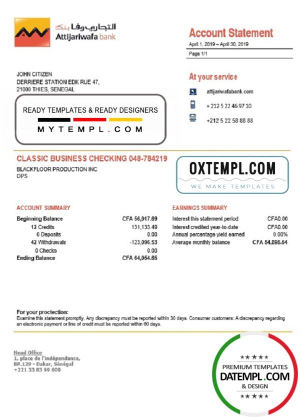 Senegal Attijariwafa Bank proof of address statement template in Word and PDF format