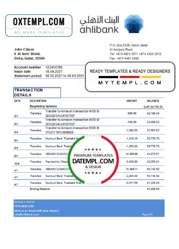 Qatar Ahlibank statement easy to fill template in Excel and PDF format