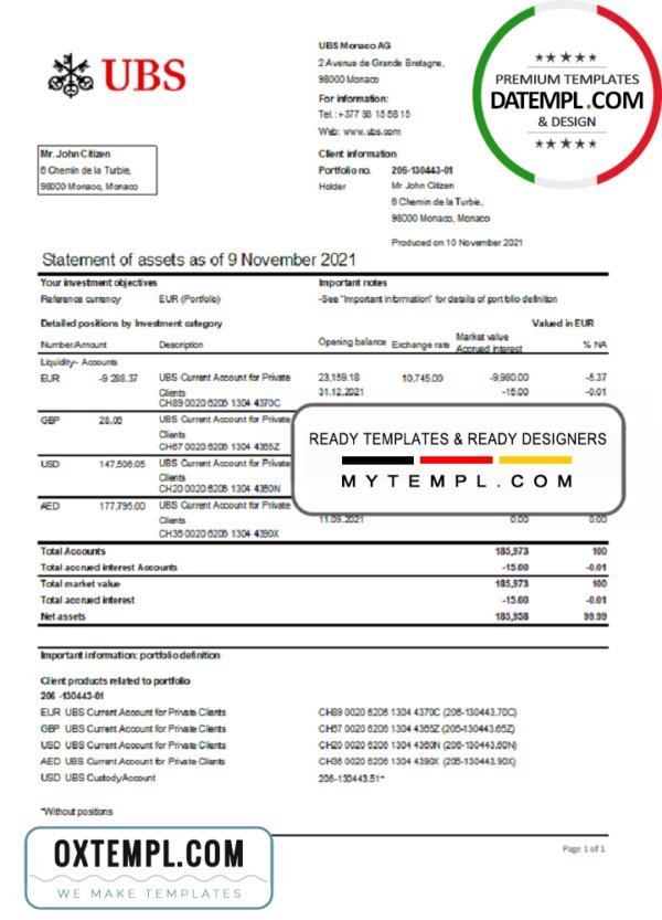 Monaco UBS Bank statement easy to fill template in Excel and PDF file format