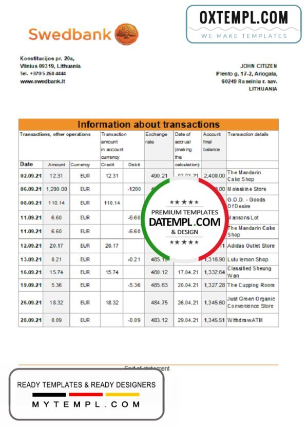 Lithuania Swedbank bank statement easy to fill template in .xls and .pdf file format