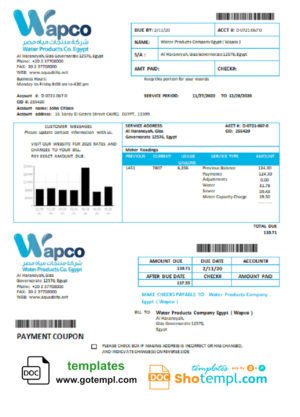 Egypt Water Products Company Egypt (Wapco) utility bill template in Word and PDF format