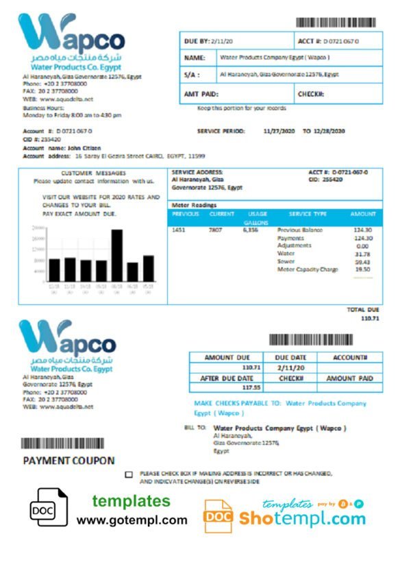 Egypt Water Products Company Egypt (Wapco) utility bill template in Word and PDF format