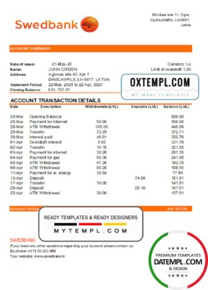 Latvia Swedbank bank statement easy to fill template in .xls and .pdf file format