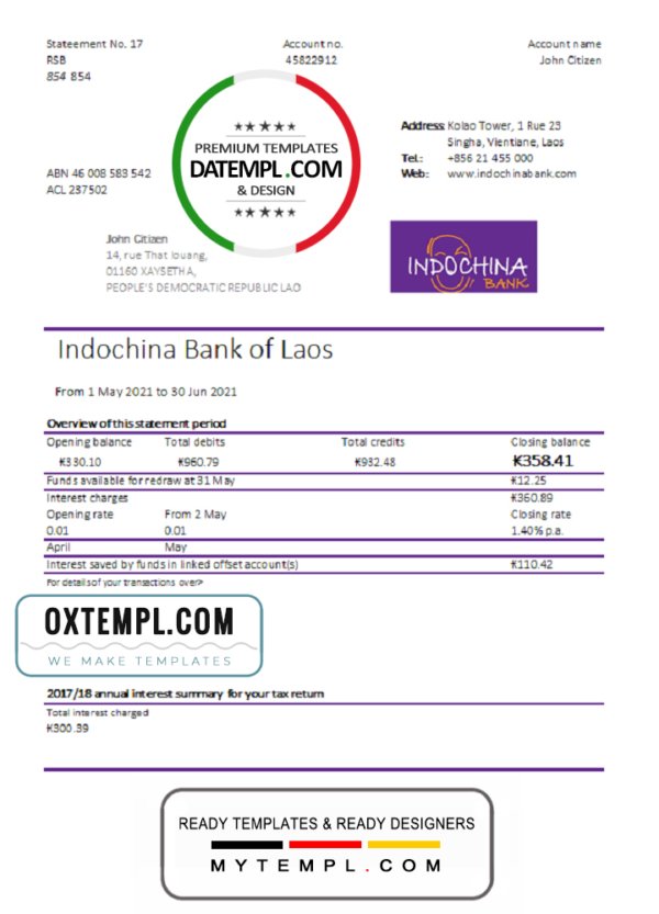 Laos Indochina Bank statement easy to fill template in Excel and PDF format