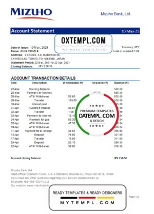 Japan Mizuho bank statement template in .xls and .pdf file format