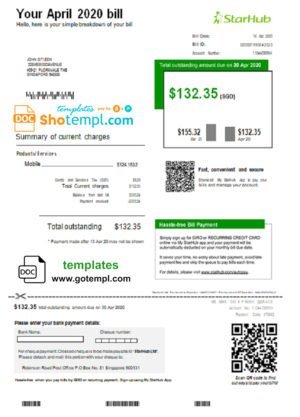 Singapore StarHub utility bill template in Word and PDF format