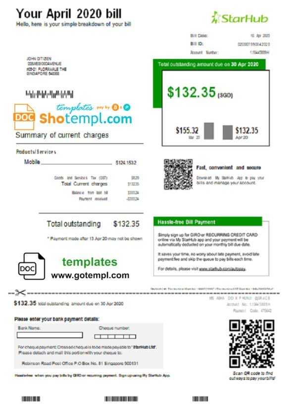 Singapore StarHub utility bill template in Word and PDF format