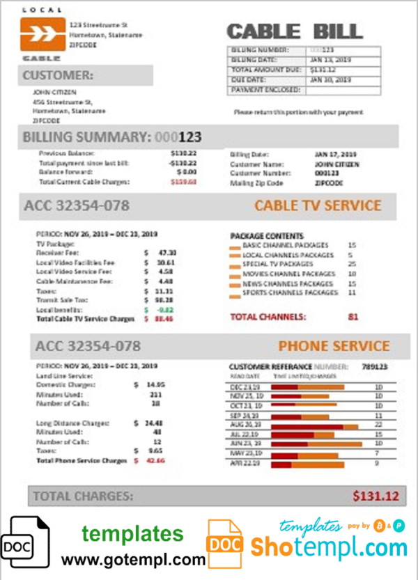 USA Marine Local Cable utility bill template in Word and PDF format (.doc and .pdf)