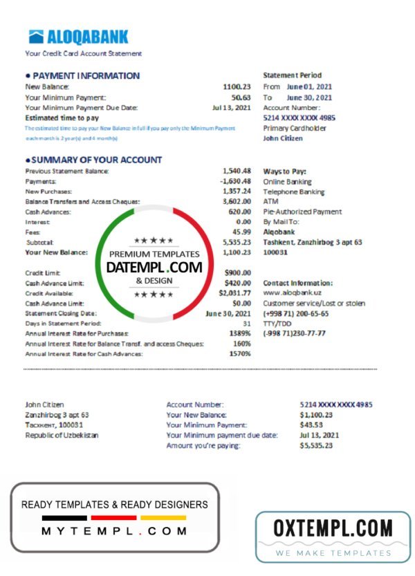 Uzbekistan Aloqabank Bank statement easy to fill template in .xls and .pdf file format