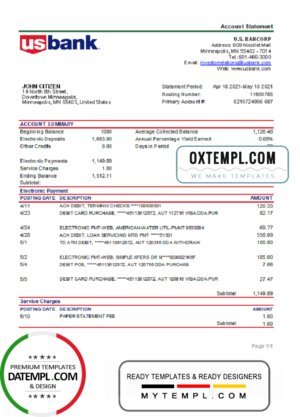 USA Bancorp bank statement easy to fill template in .xls and .pdf file format