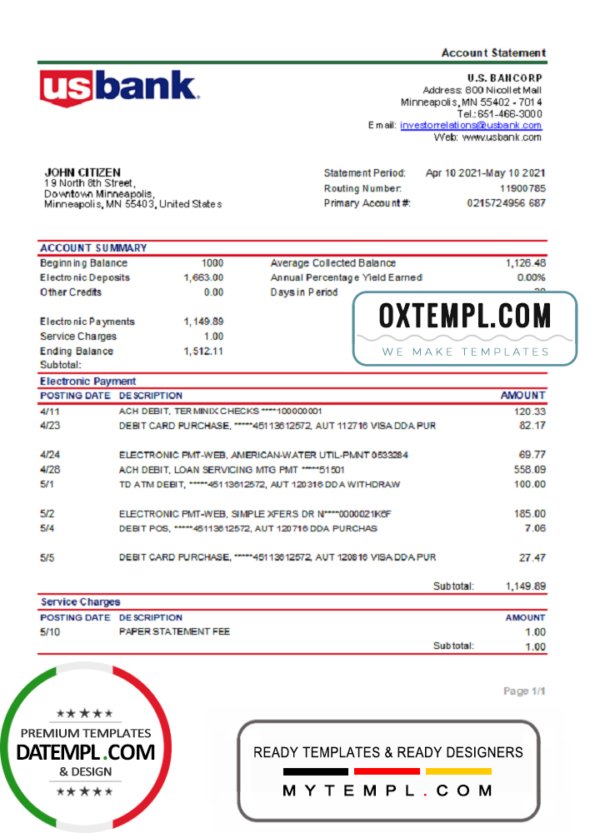 USA Bancorp bank statement easy to fill template in .xls and .pdf file format
