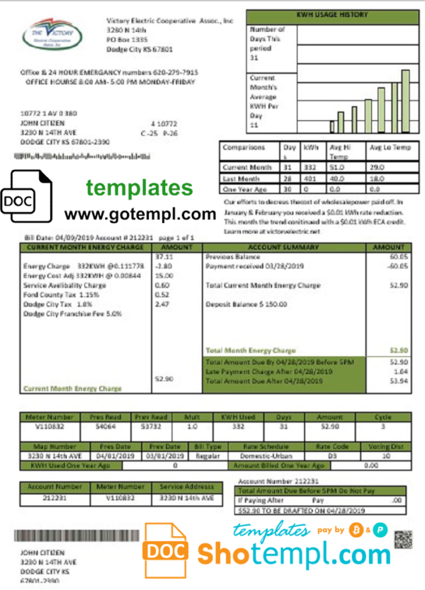 USA Kansas Victory Electric utility bill template in Word and PDF format