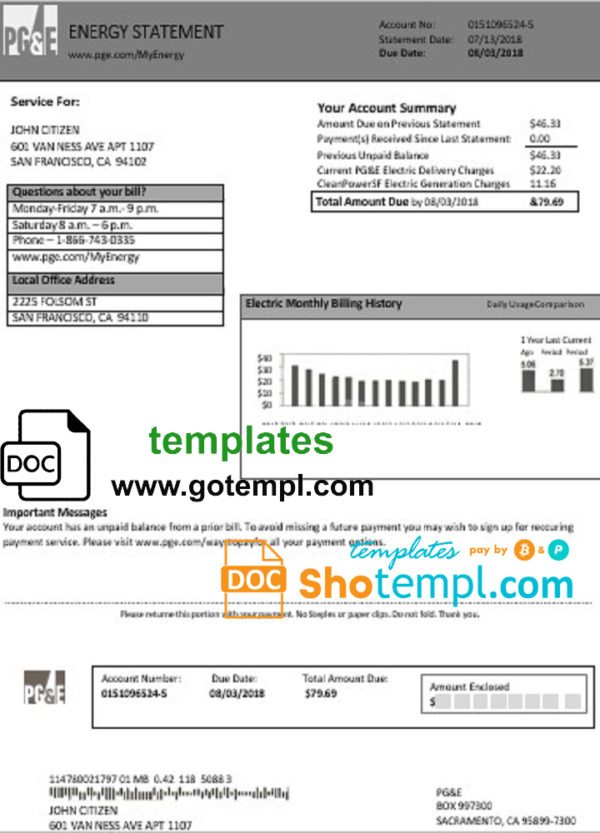 USA California PG&E electricity utility bill template in Word and PDF format