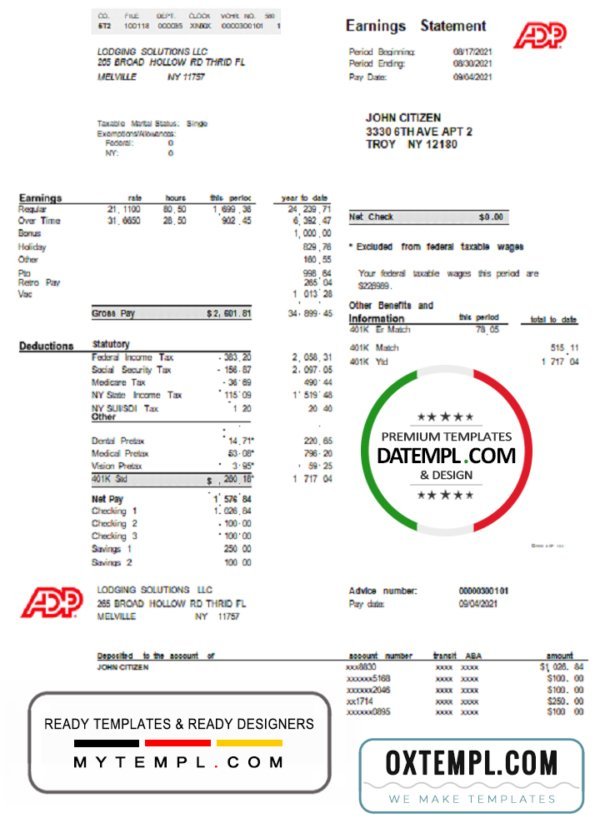 USA ADP business corporate earnings statement template in Word and PDF format