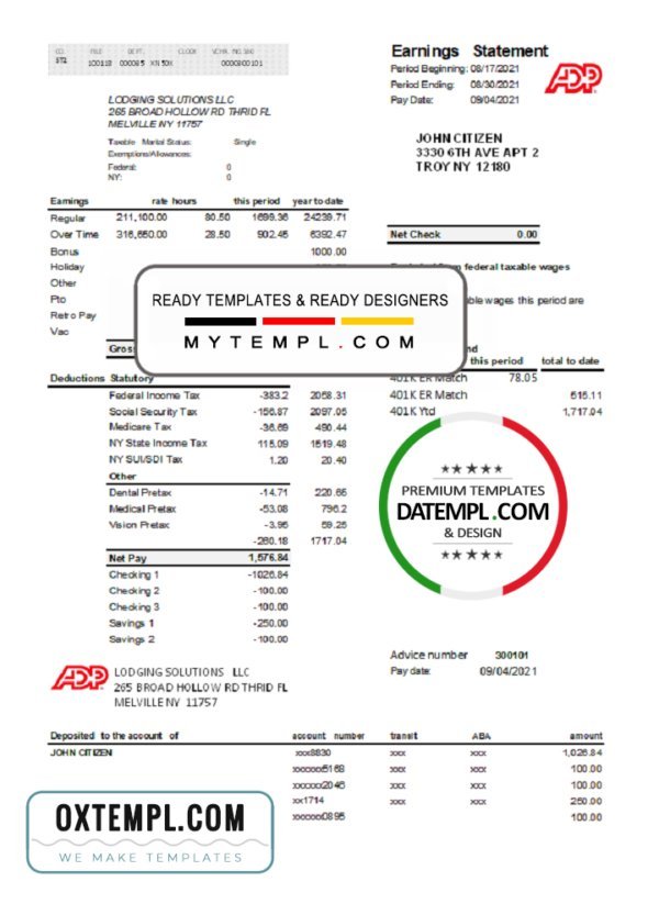 USA ADP business corporate earnings statement template in .xls and .pdf file format