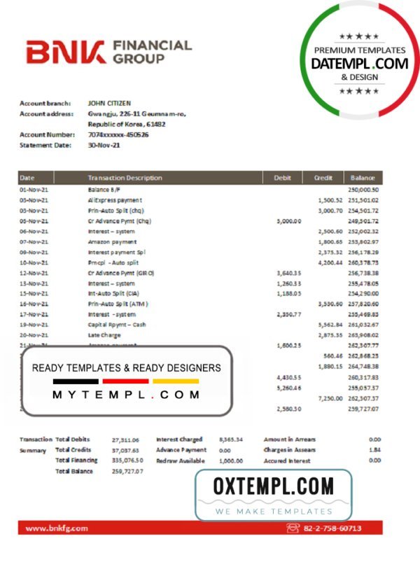 South Korea BNK bank statement easy to fill template in Excel and PDF format