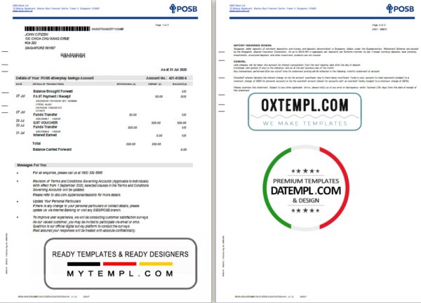 Singapore DBS Bank statement template in Excel and PDF format (2 pages)