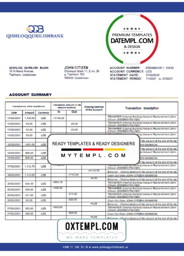 Uzbekistan Qishloq Qurilish Bank statement template in Word and PDF format