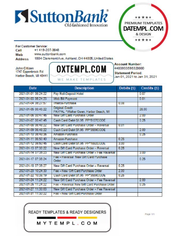 USA Ohio Sutton bank statement template in Word and PDF format