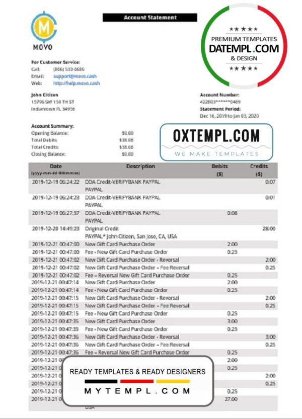 USA MOVO bank statement template in Word and PDF format, good for address prove