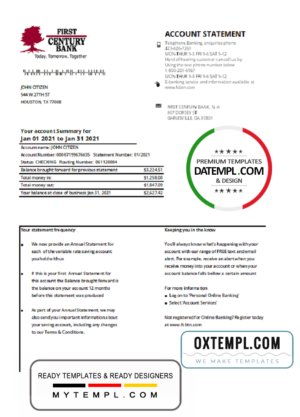 USA Georgia Gainesville First century bank statement template in .xls and .pdf file format