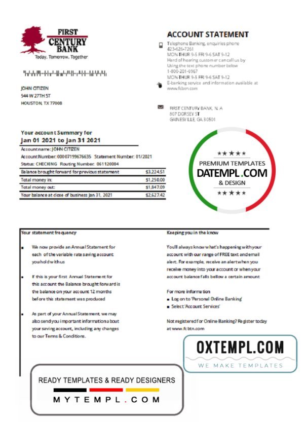 USA Georgia Gainesville First century bank statement template in .xls and .pdf file format