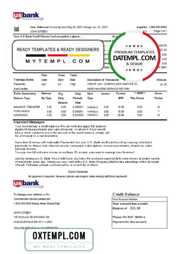 USA U.S. bank credit card statement template in Excel and PDF file format