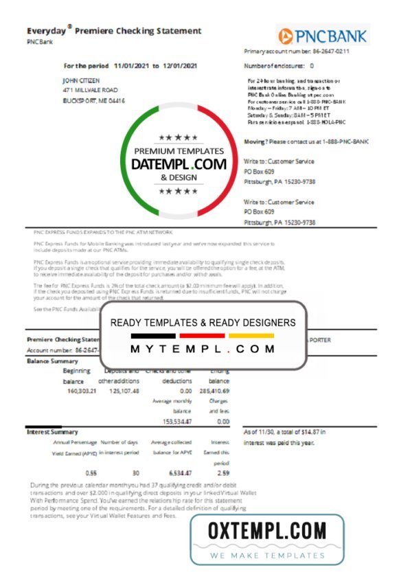 USA PNC bank statement template in .xls and .pdf file format