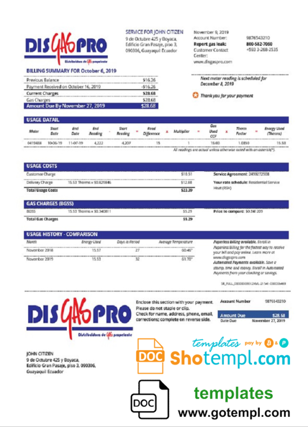 Ecuador Disgaspro gas utility bill template in Word and PDF format